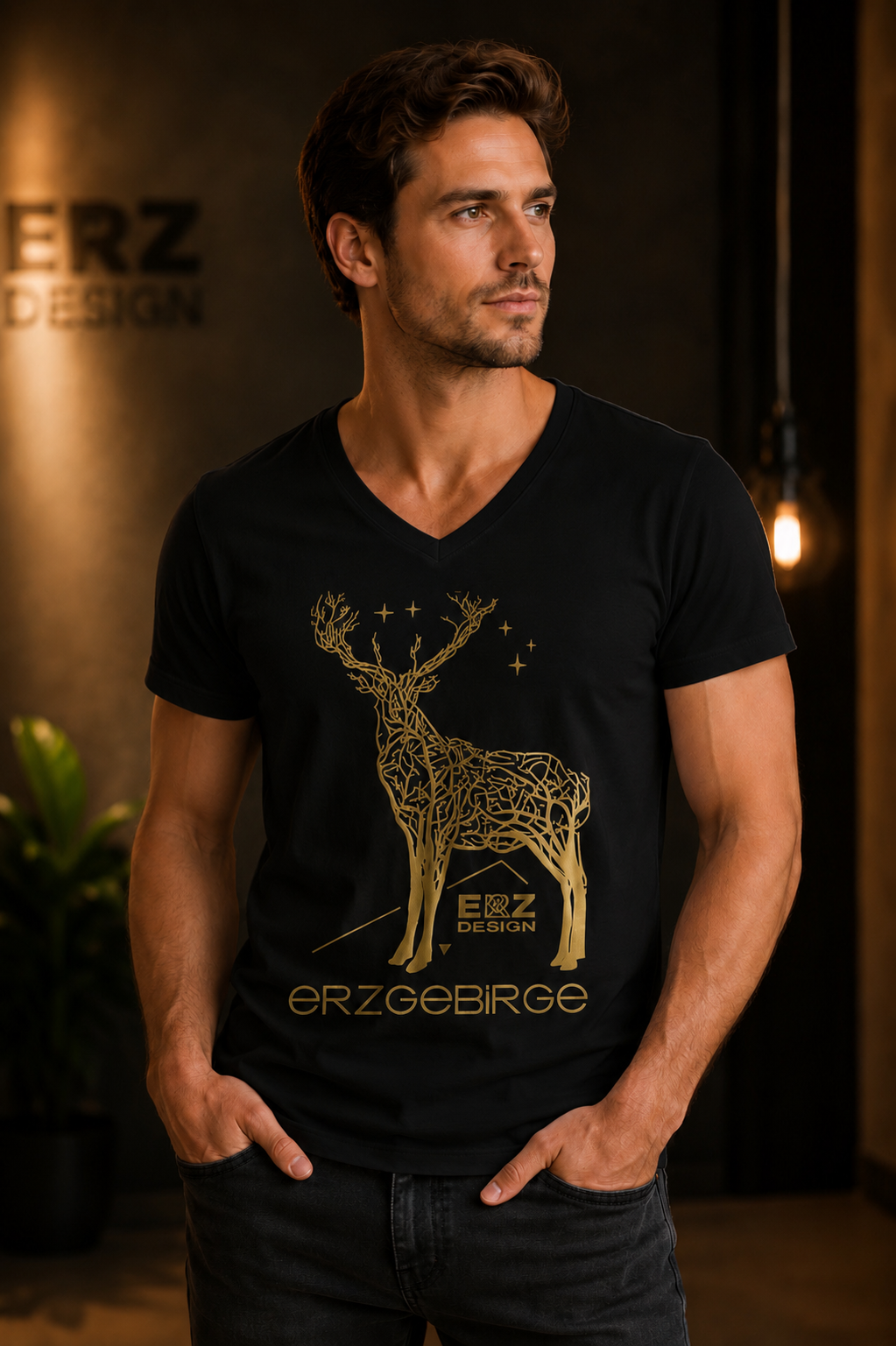 Handgefertigtes Herren T-Shirt im ERZ-Design mit V-Ausschnitt Hirsch Erzgebirge Wald