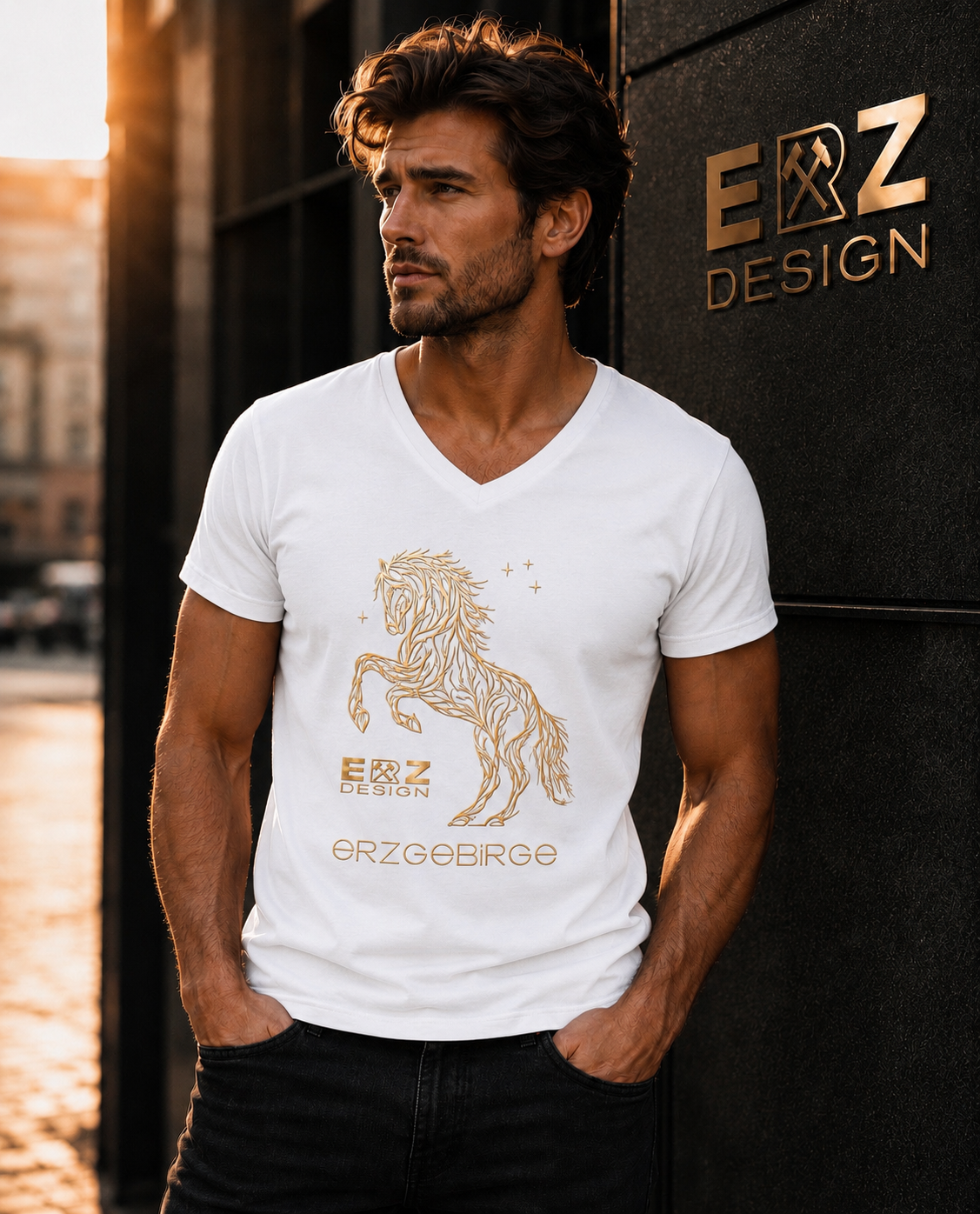 Handgefertigtes Herren T-Shirt im ERZ-Design mit V-Ausschnitt  Pferd Erzgebirge Wald