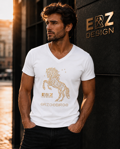 Handgefertigtes Herren T-Shirt im ERZ-Design mit V-Ausschnitt  Pferd Erzgebirge Wald
